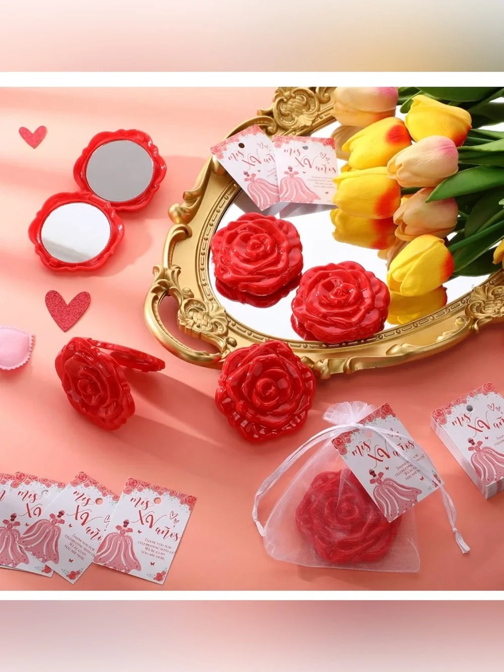 40 Quinceanera Party Favors for Guests Rose Compact Mirrors, Red